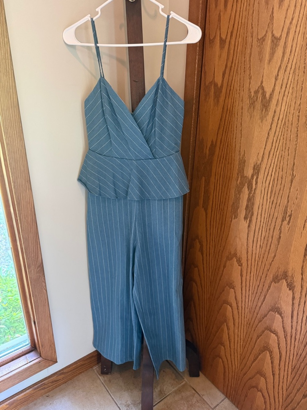 Main Strip Teal Pinstripe Peplum Jumpsuit with Spaghetti Straps